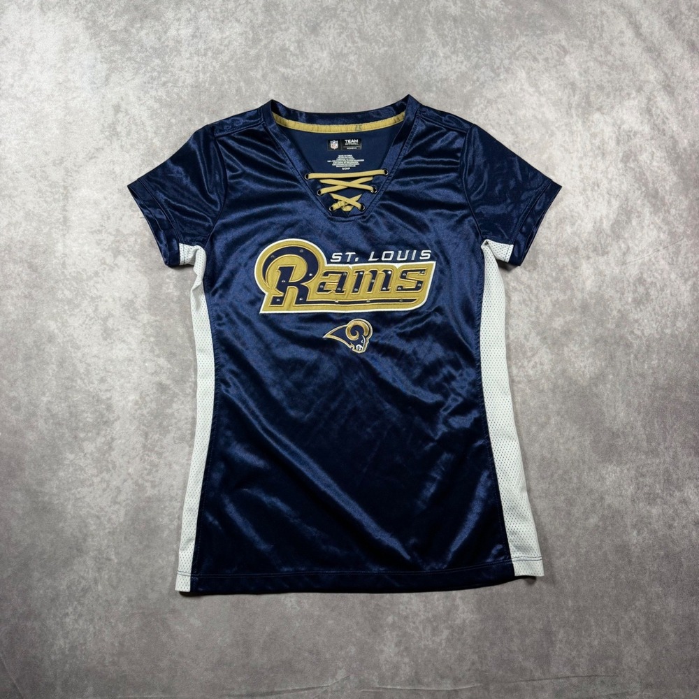NFL Team Apparel St Louis Rams Womens Jersey Blue Lace Up V-Neck Rhinestone S